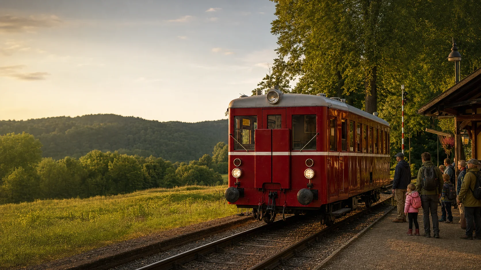 Historický červený motorový vůz M131 přijíždí k venkovskému nádraží